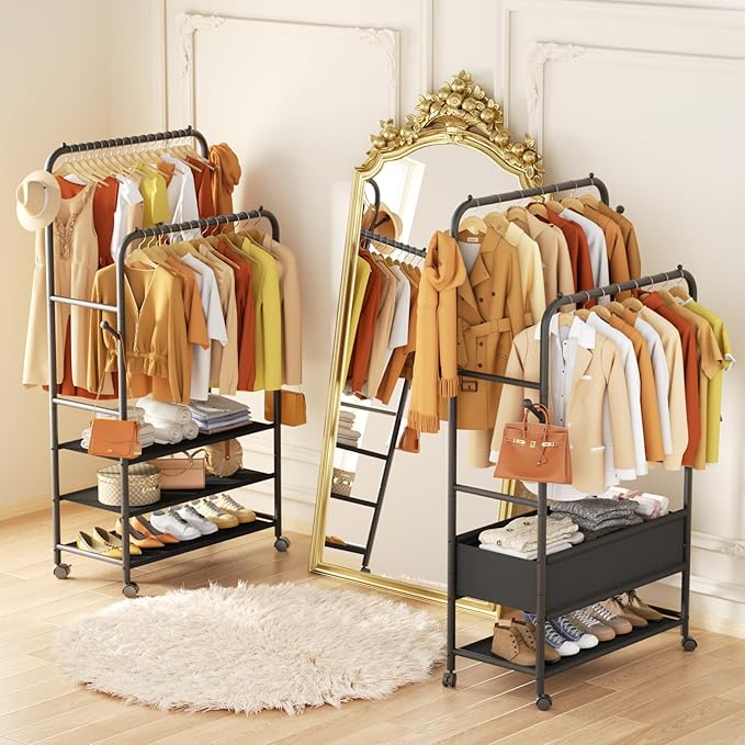 Furologee Clothing Racks for Hanging Clothes, Portable Rolling Garment Rack, Sturdy Metal Freestanding Clothes Rack with Whee