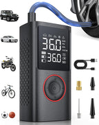 Tire Inflator Portable Air Compressor, 150 PSI Cordless Bike Pump, Air Pump for Auto, Motorcycle, Bicycle, Balls with Pressure Gauge, LED Light & Car Accessories, Black, Large Capacity