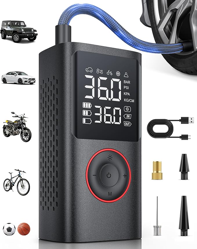 Tire Inflator Portable Air Compressor, 150 PSI Cordless Bike Pump, Air Pump for Auto, Motorcycle, Bicycle, Balls with Pressure Gauge, LED Light & Car Accessories, Black, Large Capacity