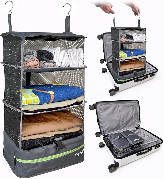Grand Fusion Stow-N-Go Packing Organizer for Luggage, Portable Hanging Travel Shelves, Carry-On Closet, Hanging Packing Cubes