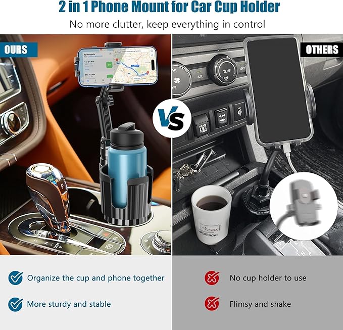 Phone Holders for Your Car Cupholder, 2 in 1 Cell Phone Holder Mount with Cup Holder Expandable Base, 360 Degree Rotating Nec