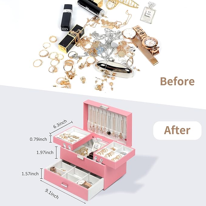 Dajasan Jewelry Organizer Box, Large Jewelry Boxes for Women Girls, Space-Saving 3 Layers Jewelry Storage Case with Drawer, G