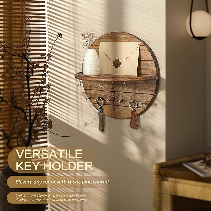 Rebee Vision Pine Wood Key Holder Wall Mount - Farmhouse Key and Mail Holder for Wall with Hooks and Decorative Wall Shelf - 