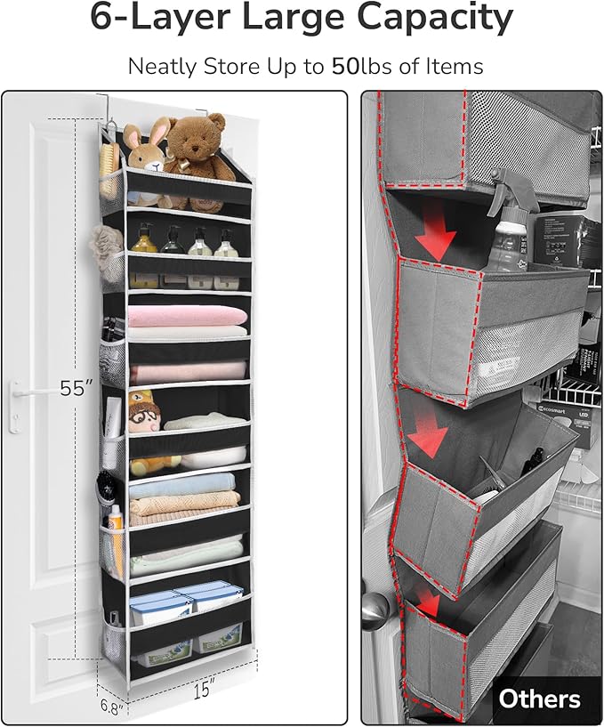 ULG Over The Door Organizer with 6 Large Pockets 12 Side Pockets, 50lbs Weight Capacity Door Hanging Organizer for Bedroom, B