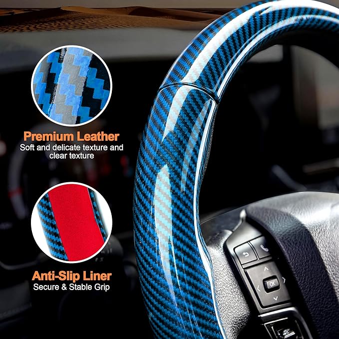 West Llama Carbon Fiber Steering Wheel Covers,3 Piece Car Wheel Cover Universal Fit 99% Cars(Glossy Blue)