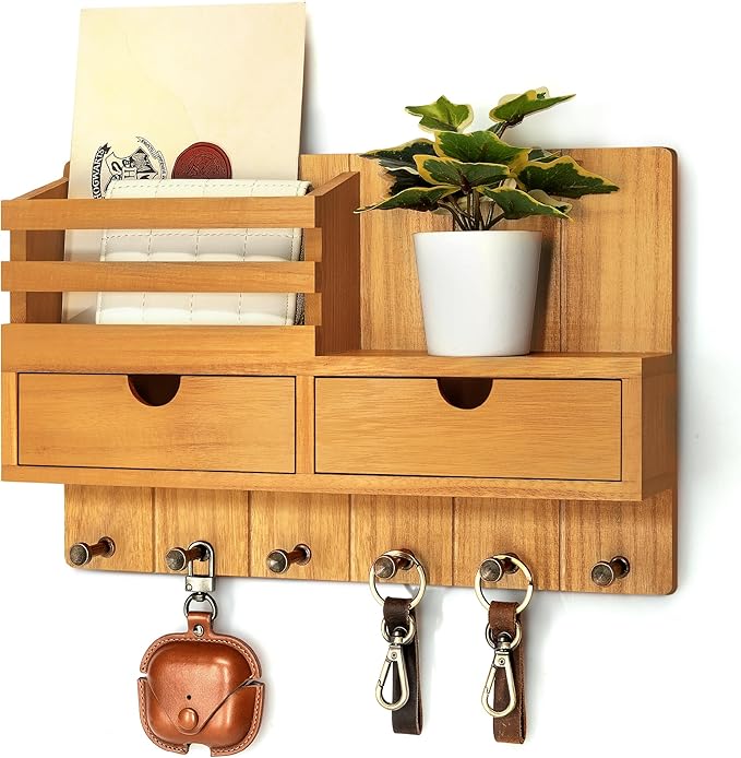 Rebee Vision Modern Farmhouse Key Holder Wall Mount with 2 Drawer Organizer - Mail Holder for Wall with 6 Key Hooks - Ideal f
