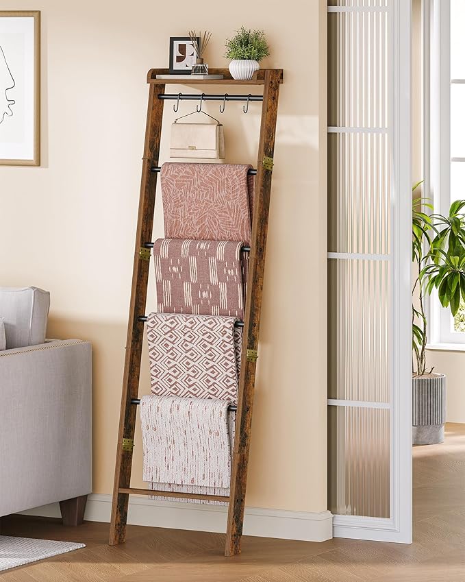 Hzuaneri Blanket Ladder Shelf, Decorative Quilt Rack, 7-Tier Farmhouse Ladder Holder Organizer with 4 Removable Hooks 7.9" D 