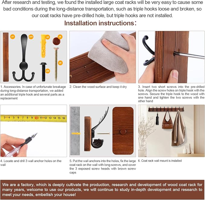 Large Coat Rack Wall Mount 38.6'' Rustic Wood Coat Rack Hook Long Coat Hooks Wall Mount Farmhouse Wall Hooks for Hanging Coat