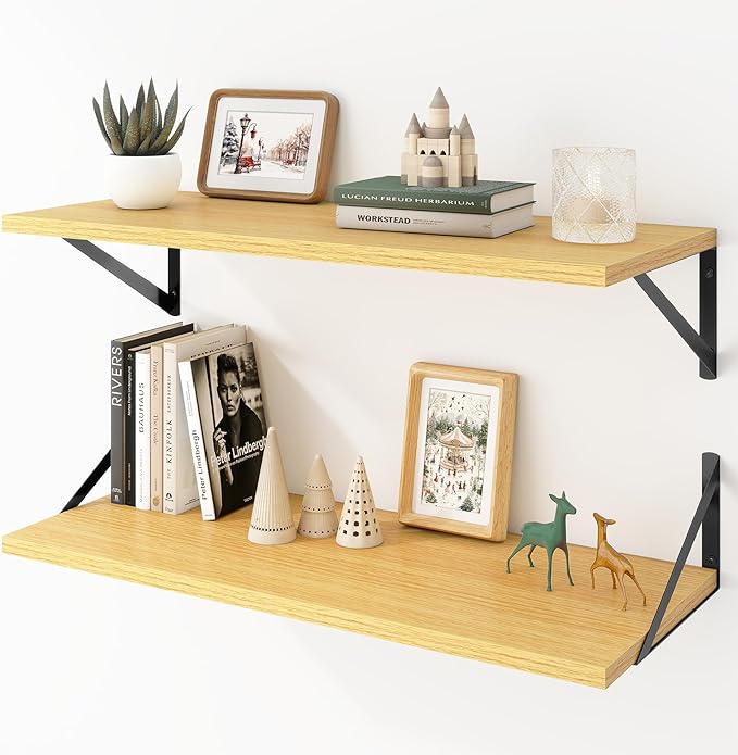 Deep Floating Shelves Wall Mounted, 30"x12" Oak Wall Shelves with Brackets Set of 2 for Bedroom, Living Room, Bathroom, Kitch