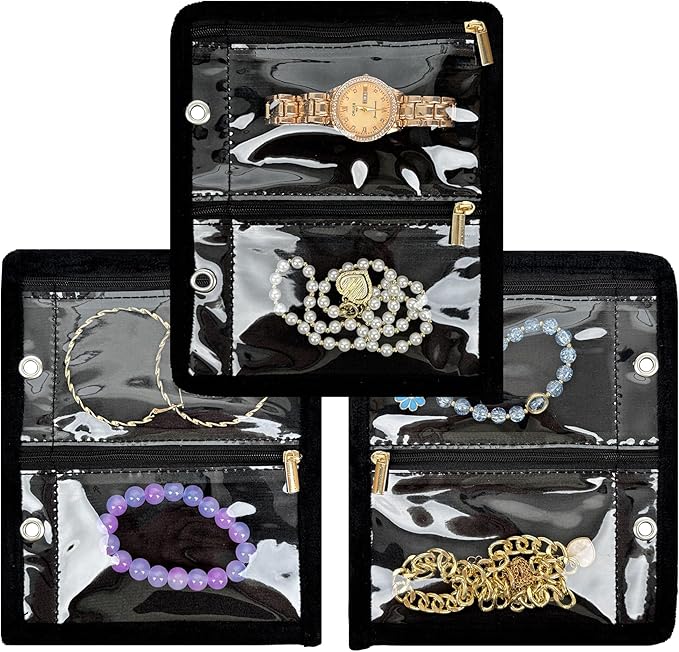 Travel Jewelry Organizer Case,Jewelry Bags for Traveling, Jewelry Binder with 24 Pcs Clear Zipper Velvet Pouches (Inner Pages