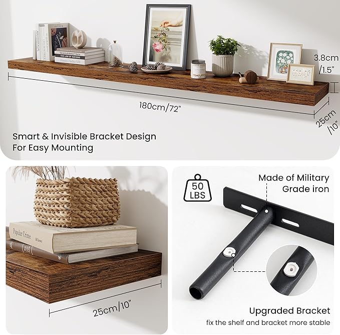 Fun Memories 72 Inch Fireplace Mantel Shelf, 10 Inch Deep Shelves for Display & Wall Storage, Rustic Wood Wall Shelf, Extra L