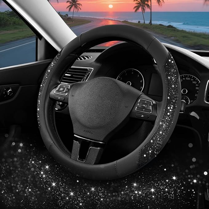 PIC AUTO Steering Wheel Cover, Black Sparkly Crystal Bling Glitter with Leather, Universal Fit 14.5"-15.5" Car Steering Wheel