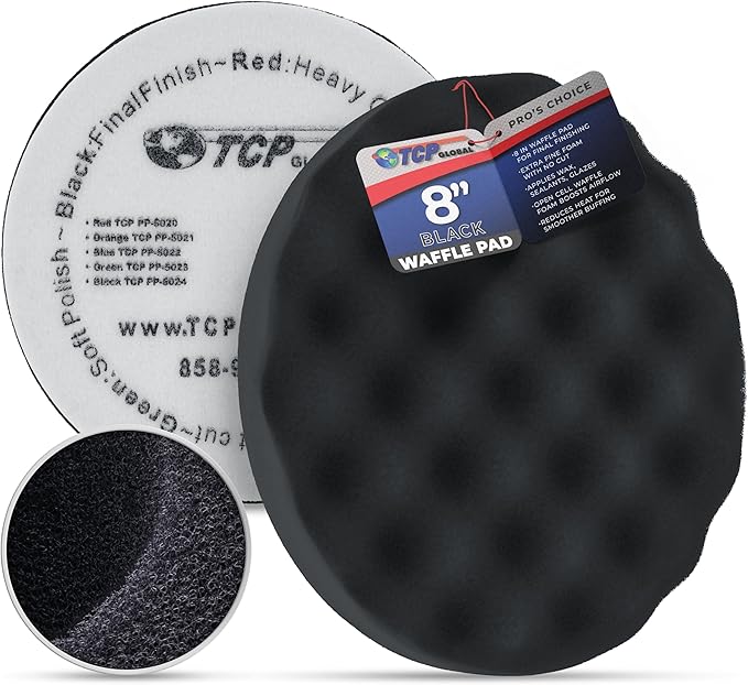 TCP Global 8" Black Waffle Foam Buffing Pad Hook and Loop Backing - Extra Fine Pad for Polishing, Automotive, Marine, Truck, RV & Compound Cutting, Car Polishing Pads