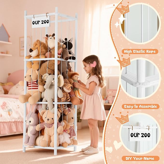 LAMU Stuffed Animal Storage, Wooden Zoo Stuffed Animal Holder with Elastic Cords, Space Save Toy Organizer, Extra Large Capac