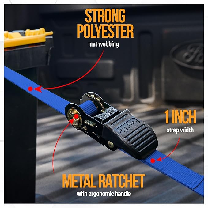 FORTEM Ratchet Straps, Tie Down Strap Set 1650lb Break Strength, 4 Pack 15ft x 1in, 4 Soft Loops, Moving Straps Tie Downs, Cargo Cam Buckles for Trucks, Carry Bag, for Men