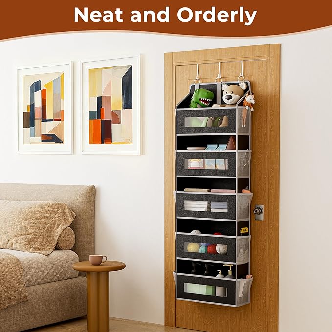 5 Tier Over The Door Organizer - Large Capacity Behind Door Hanging Shelves with 10 Mesh Pockets and Clear Windows, Closet Or