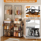 Floor-Standing Purse Organizer for Closet with 5 Hangers & 6 Side Hooks, Tall Purse Rack Stand for Purse Storage, High-Capaci