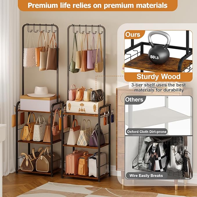 Floor-Standing Purse Organizer for Closet with 5 Hangers & 6 Side Hooks, Tall Purse Rack Stand for Purse Storage, High-Capaci