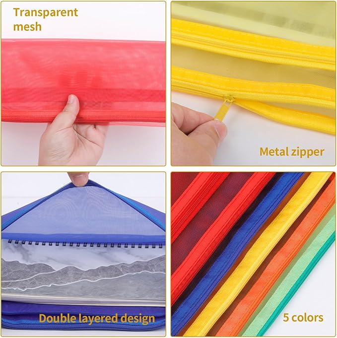 10 Pack 5 Color Mesh Zipper Pouch Bags, Nylon Puzzle Building Block Sets Toy Storage & Organization, Breathable See Through A