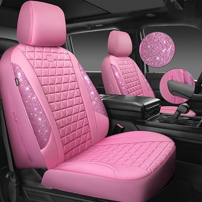 CAR PASS Bling Diamond Pink Leather Car Seat Covers Full Sets Interior Sets, Waterproof Shining Glitter Sparkly Crystal Unive