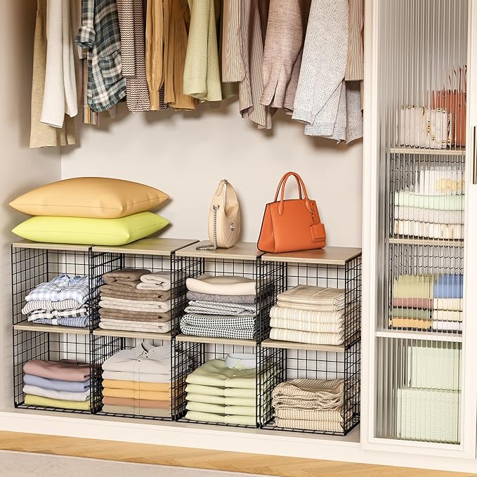 Hencawima 4-Tier Stackable Closet Organizers and Storage, Dual-Layer Reinforced Clothing Cube Shelves with Wood Tops, Sturdy 