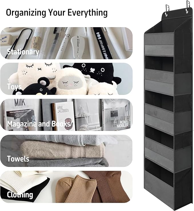 TYMENSH Over Door Organizer with 5 Large Pockets, Heavy Duty Hanging Organizer Storage, Closet Bathroom Nursery Bedroom Dorm,