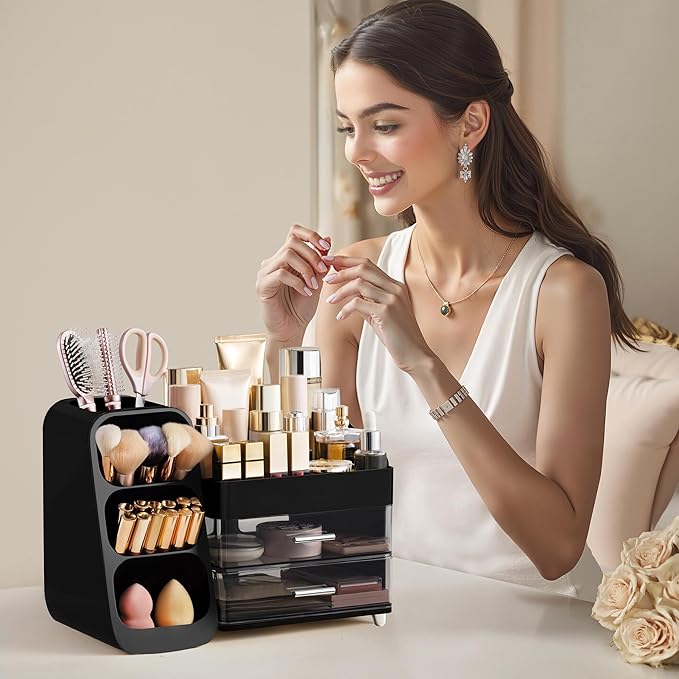 HBlife Makeup Organizer with Brush Holder for Vanity, Large Plastic Bathroom Countertop Organizer Cologne Organizer for Men, 