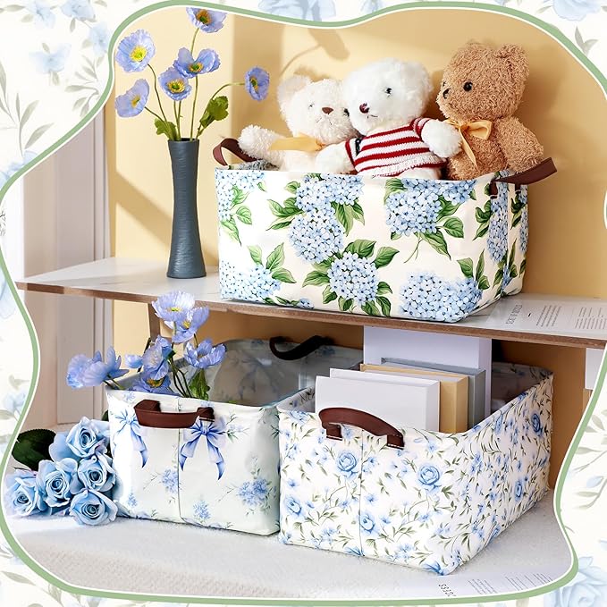 Boao 3 Pcs Blue Hydrangea Bow Storage Bin Flowers Collapsible Large Storage Baskets for Gifts Canvas Laundry Basket Foldable 