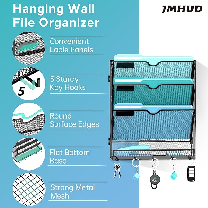 Wall File Organizer - Hanging File Organizer with 5 Hooks, Mail Holder Wall Mounted for Papers, Folders, Magazines, Bills, 4 