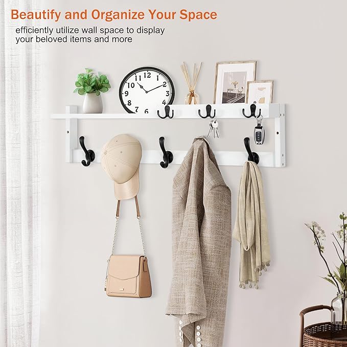 29'' Coat Rack Wall Mount with Shelf, Coat Hanger Wall Mount with Key Hooks and Mail Holder, Wood Entryway Floating Shelf wit