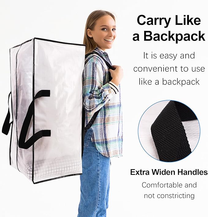 6 Pack Heavy Duty Extra Large Moving Bags W/Backpack Straps - Strong Handles & Zippers, Storage Totes For Space Saving, Fold 