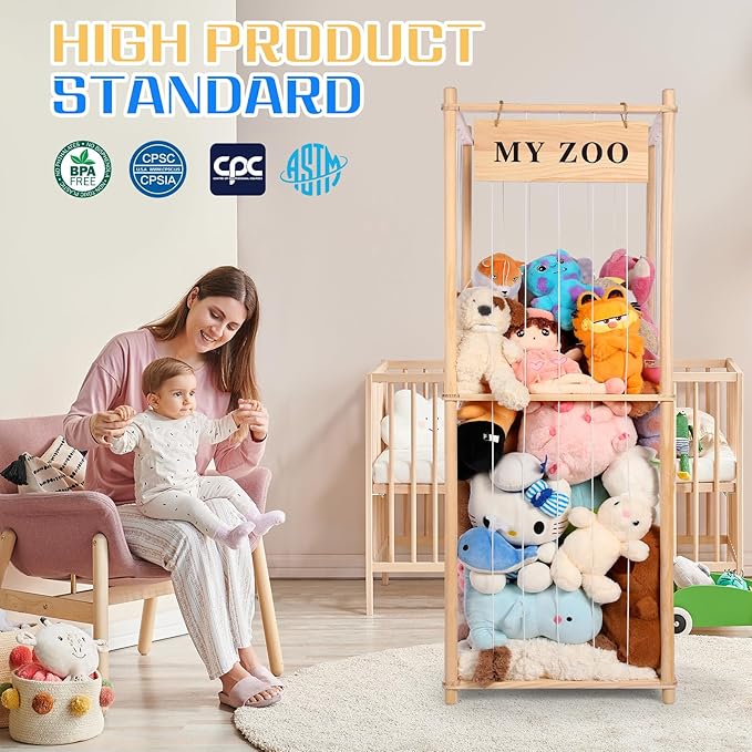 GLDZI Stuffed Animal Storage Zoo, Wooden Stuffed Animal Organizer with Elastic Cords for Boys Girls, Space Saving Toy Plushie