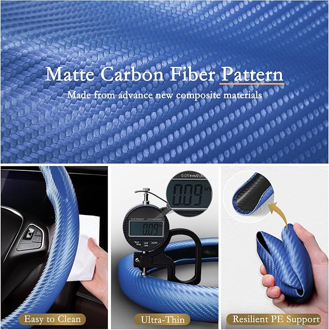 Aimato Car Steering Wheel Cover Carbon Fiber, Ultra-Thin Car Steering Wheel Cover,Comfortable & Breathable Microfiber,Universal Fit for Most Cars, Matte Blue