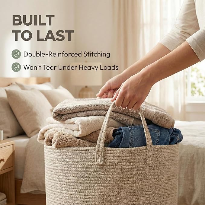JMvicyroam 65L Extra Large Blanket Basket for Living Room - Woven Cotton Rope Laundry Hamper with Reinforced Handles - Storag