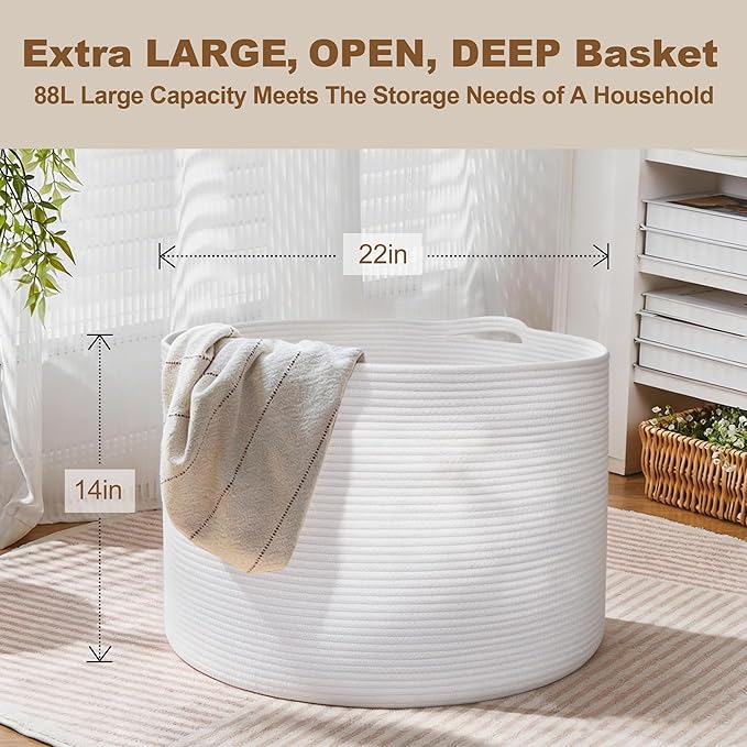 MEGASKET White Cotton Rope Storage Basket, 22" X 22" X 14" Extra Large Blanket Storage Living Room, XL Soft Toy Bin for Organ