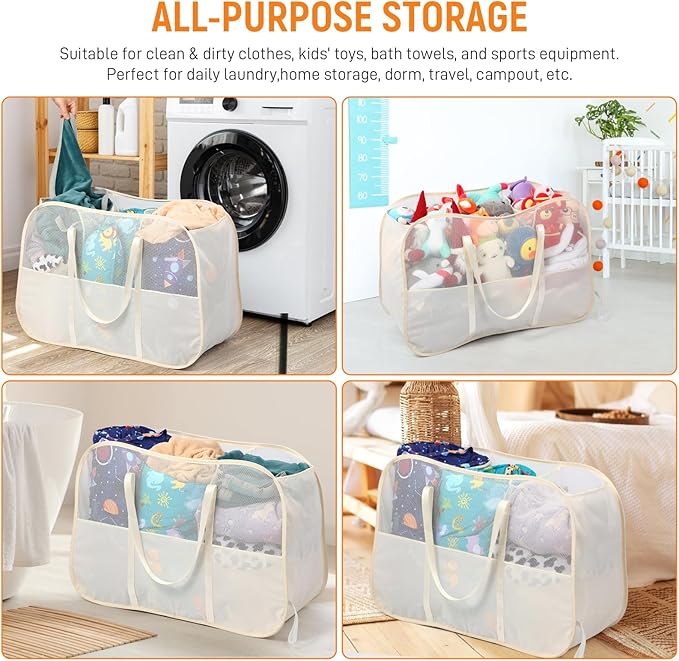Collapsible Laundry Baskets with 3 Compartment, 150L Tear-proof Pop Up Hamper, Foldable Laundry Basket with Tote Handles, Dir