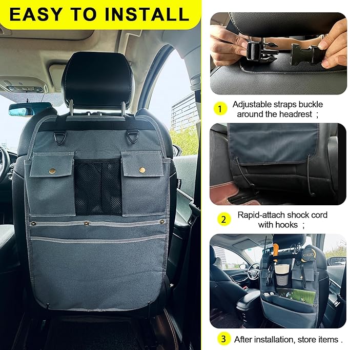 Car Seat Back Organizer with Multiple Pockets and Hooks (grey)