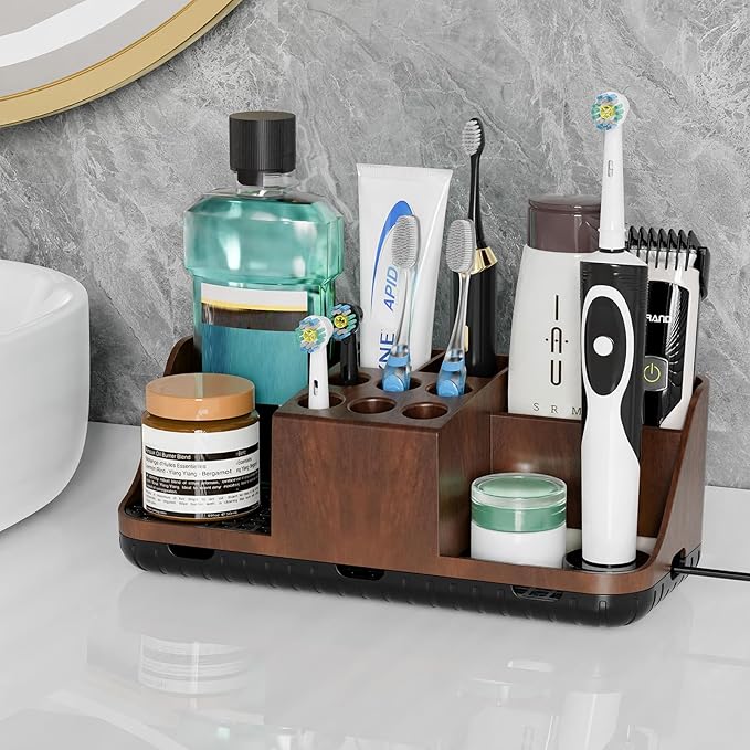Boperzi Bathroom Counter Organizer for Vanity & Sink Storage: Detachable Electric Toothbrush and Toothpaste Holder, Water Flo