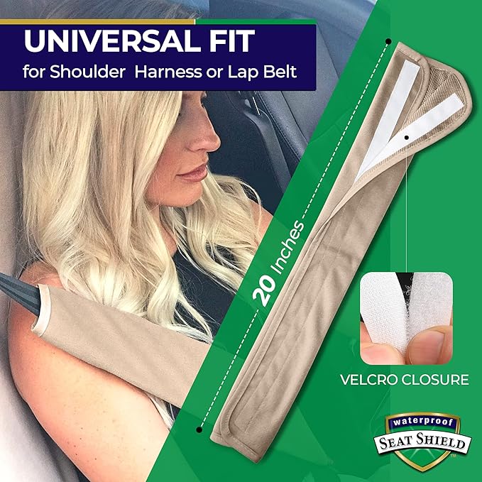 Seatbelt Covers - Removable Car Seat Belt Cover for Women, Men, Kids - Tan 20 in Long Waterproof Seat Belt Cushion with Protection from Sweat and Odor for All Vehicles