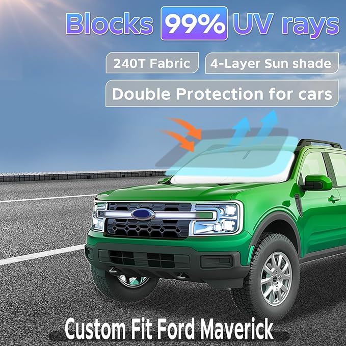 Sun Shade Sunshade for Ford Maverick Hybrid XL XLT Lariat Truck 2022-2025 2026 Windshield Cover, 4-Layers Sun Shield 250T Silver Sun Visor Foldable Window Car Shade Blocks UV Rays