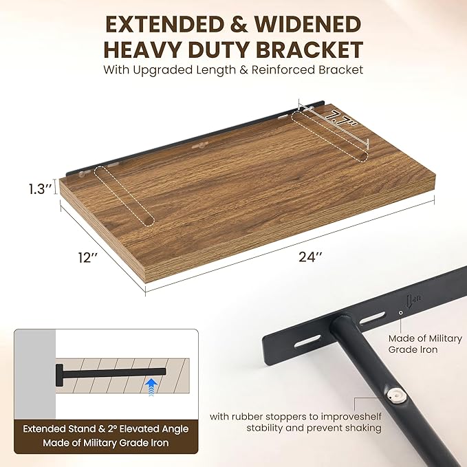 Dreamland 24" Floating Shelves for Wall, 12" Deep Slim Walnut Floating Shelves, Wall-Mounted Shelves for Bedroom, Living Room