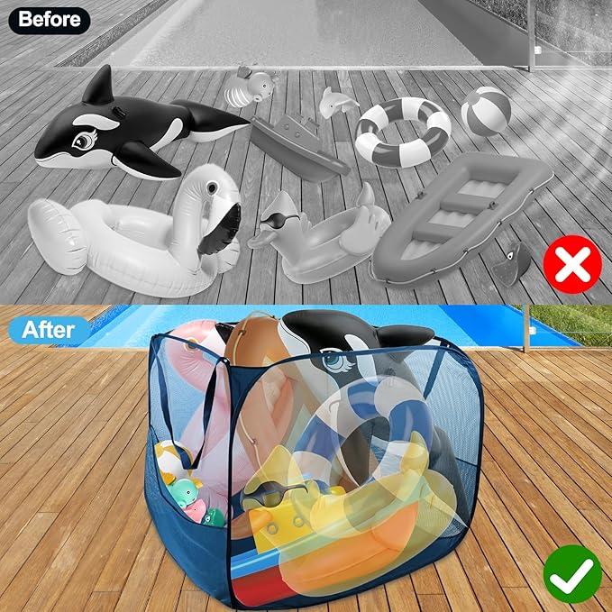 Pop up Pool Toy Storage Bin,32"X32"X30"Pool Float Organizer Bag with 2 Side Pockets Mesh Swimming Pool Toys Organizer with 4 