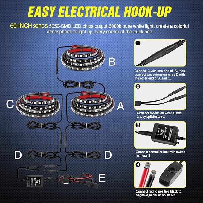 Nilight 3PCS 60 Inch RGB Truck Bed Light Strip Kit 270 LED Neon Accent LED with RF Remote On Off Switch Splitter Extension Cable for Cargo Pickup Truck Camper RV SUV Boat
