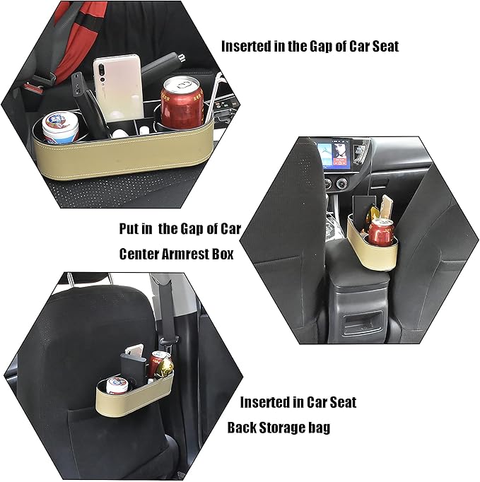 IOKONE Car Cup Holder, Auto Front Seat Organizer, Multifunctional Cup Drink Holders with PU Leather Cover, Gap Filler Storage Box Coin Bucket Console Side Pocket Cell Mobile Phone Holder(Slim-Beige)