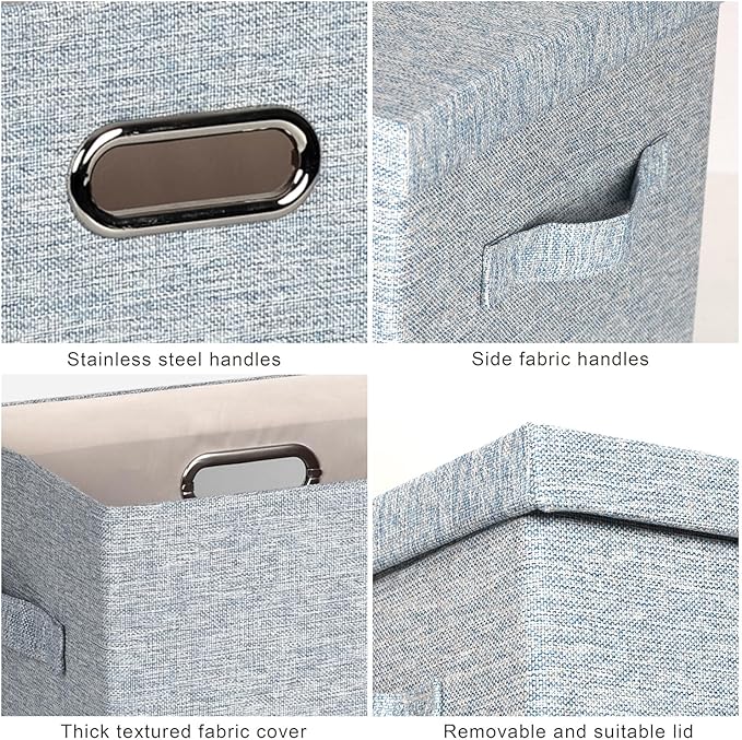 Graciadeco Large 17" 36 Quart Collapsible Stackable Storage Bins with Lids, 3 Packs Blue-Grey Linen Fabric Closet Boxes with 
