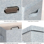 Graciadeco Large 17" 36 Quart Collapsible Stackable Storage Bins with Lids, 3 Packs Blue-Grey Linen Fabric Closet Boxes with 
