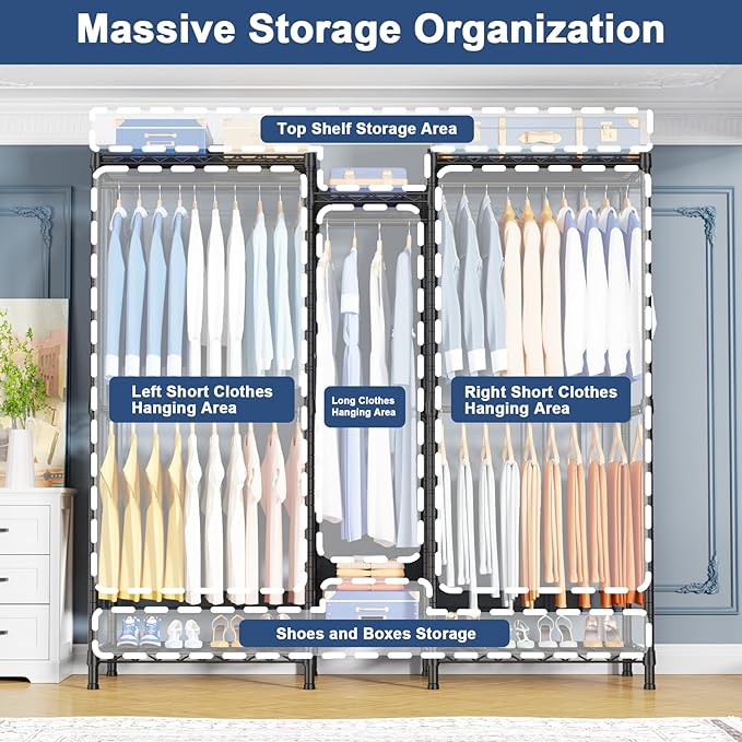 Ulif E12C Heavy Duty Closet Organizer System，Freestanding Clothing Rack, Adjustable Garment Rack 57.1" W x 16" D x 76.5" H Ho