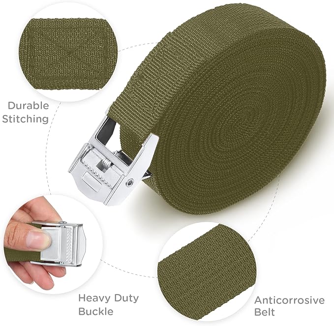 Riakrum 15 Pack 16 Feet Lashing Straps Adjustable Kayaks Tie Down Cam Buckle Straps with Buckles up to 250lbs for Cargo, Luggage, Motorcycles, Truck, Car Roof Rack, Sup Surfboard(Army Green)