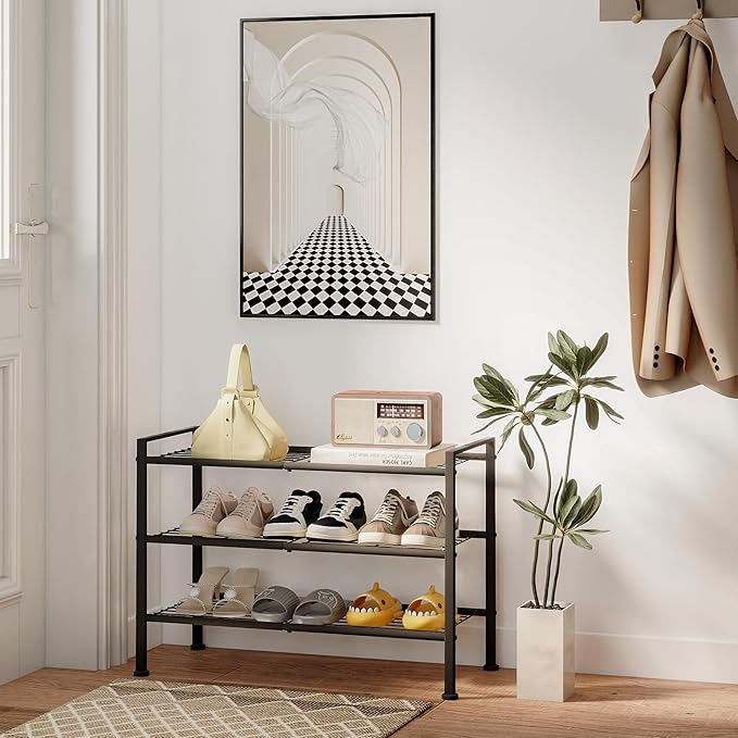 3-Tier Adjustable Shoe Rack, 26.5-Inch Wide Metal Storage Organizer for Closet Entryway, Heavy-Duty Stand for Shoes, Books, o