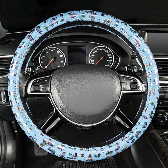 CAR-GRAND Shining Butterfly Leather Steering Wheel Cover, Universal 14.5-15 Inch Anti-Slip Odorless Colorful Car Wheel Protec
